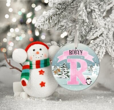 Personalised Name Christmas Tree Decoration/Bauble Pink Initial Penguin Design - Custom Hanging Christmas Tree Decoration