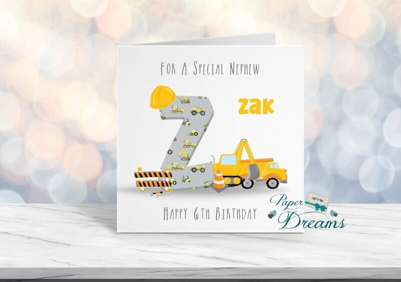 Personalised Construction/Digger Birthday Card For Him/Her - Boys Girls Birthday Card Digger Design Birthday Card Hard Hat Building Site