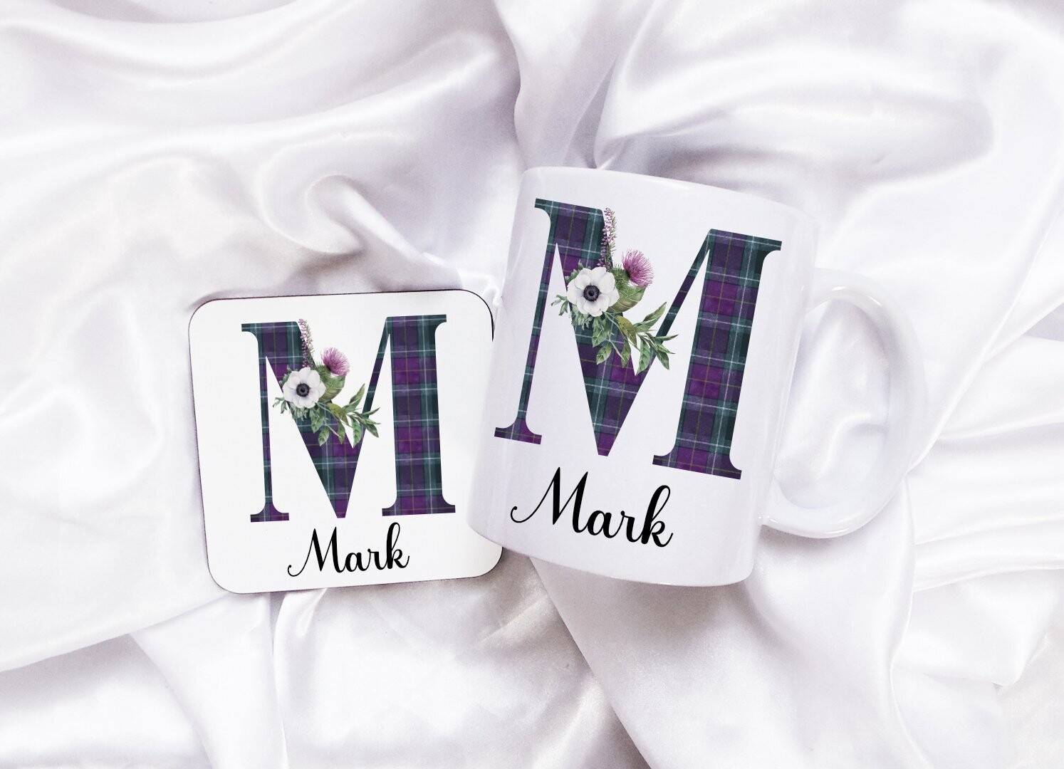 Personalised Tartan Initial Mug & Coaster Set, Thistles & Flowers Design, Coffee Mug, Gift for Her, Gift For Him, Matching Coaster,