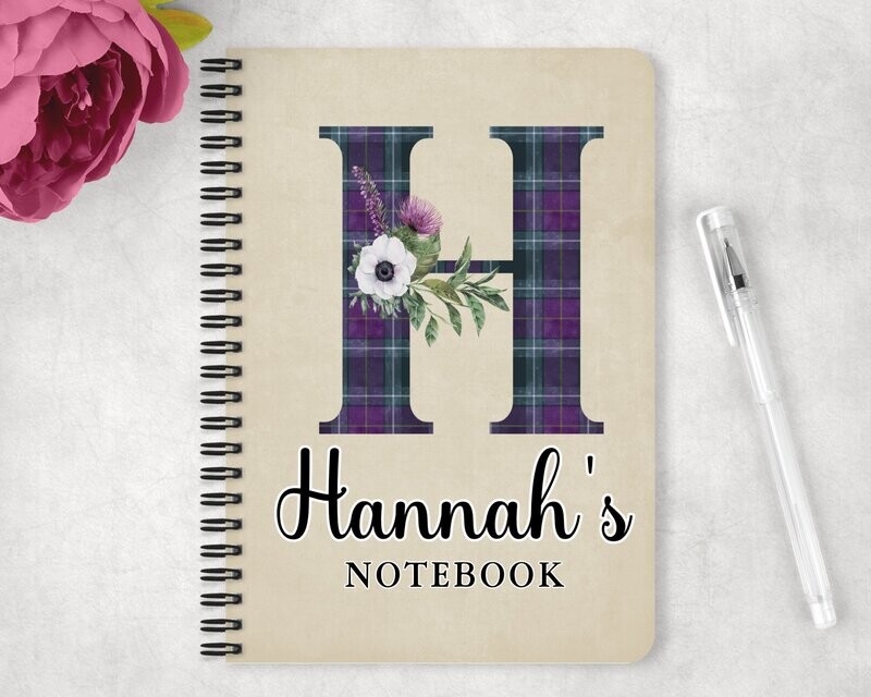 Personalised  Notebook, Tartan Initial, Thistle & Flower Design, A5 Note Book