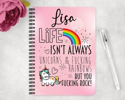 Funny / Sweary Personalised Spiral A5 Notebook-Unicorns & Rainbows You Fucking Rock - Notebook, Journal- Birthday, Valentines, Leaving Gift