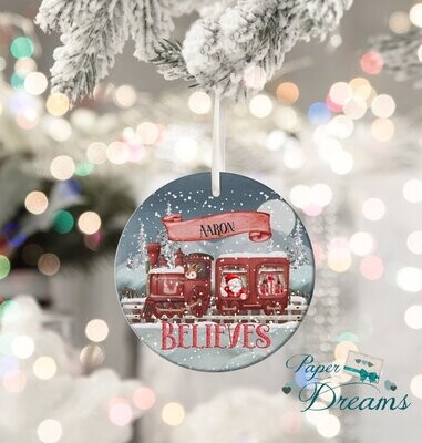 Personalised Christmas Tree Hanging Decoration, Name on Decoration, Santa Train Design, Christmas Decoration, Christmas Bauble, Believes