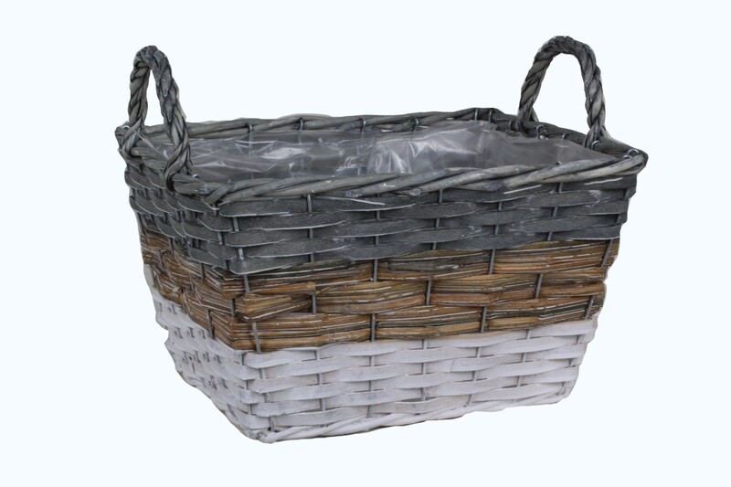 Aufbewahrungs- und Pflanzkorb aus Weide grau, weiß, natur mit Henkel eckig Aufbewahrungs- und Pflanzkorb aus Weide grau, weiß, natur mit Henkel eckig