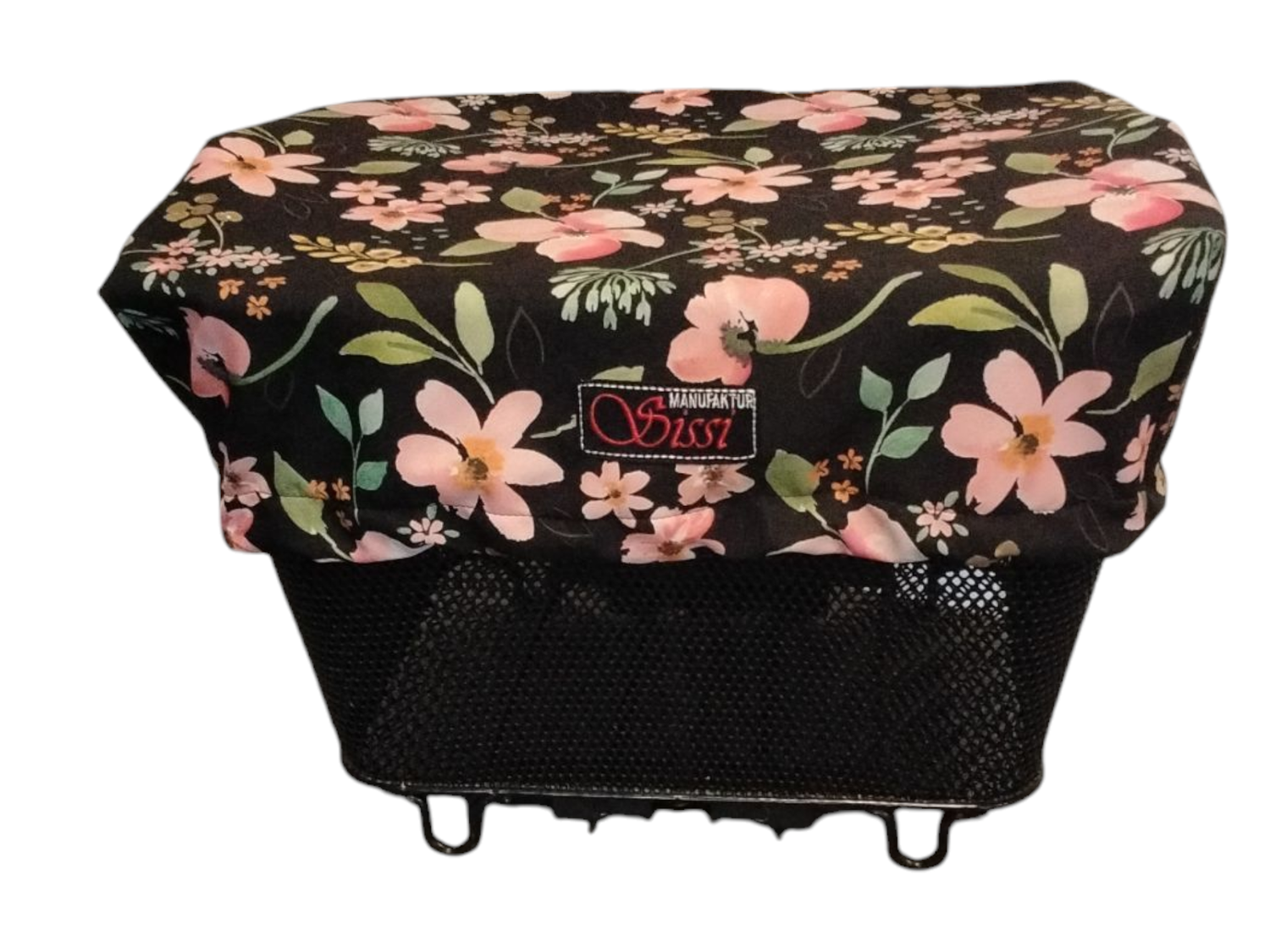 Velokorb-Abdeckung schwarz bunte Blüten Velokorb-Abdeckung schwarz bunte Blüten