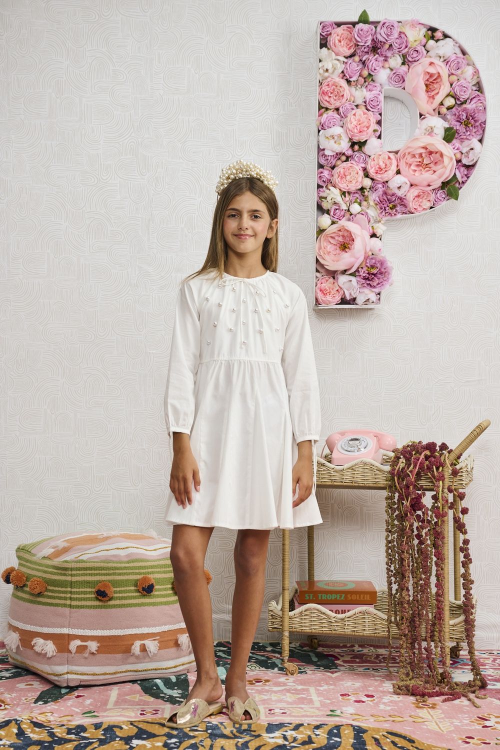Porter WHITE COTTON W/ PEARLS ON CHEST DRESS 2444