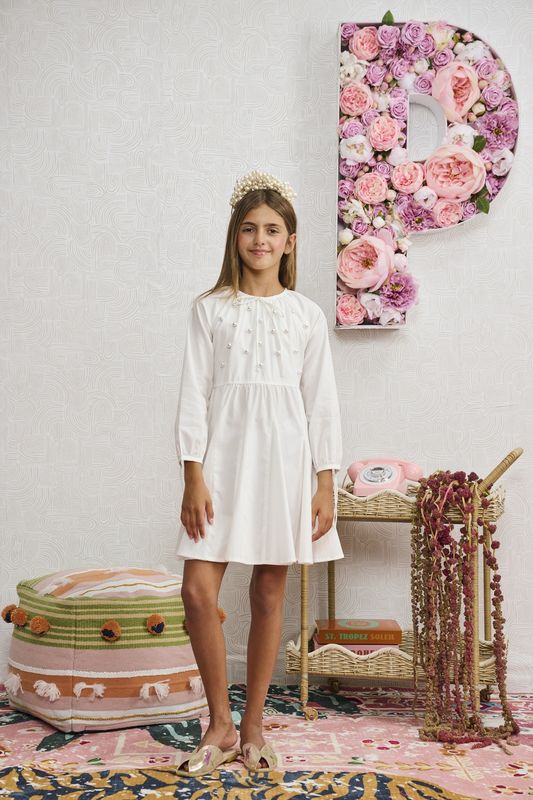Porter WHITE COTTON W/ PEARLS ON CHEST DRESS 2444