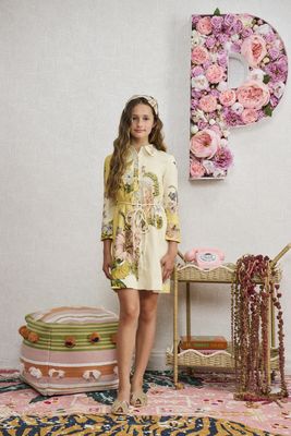 Porter IVORY YELLOW LINEN W/ FLORAL DESIGN DRESS 2322
