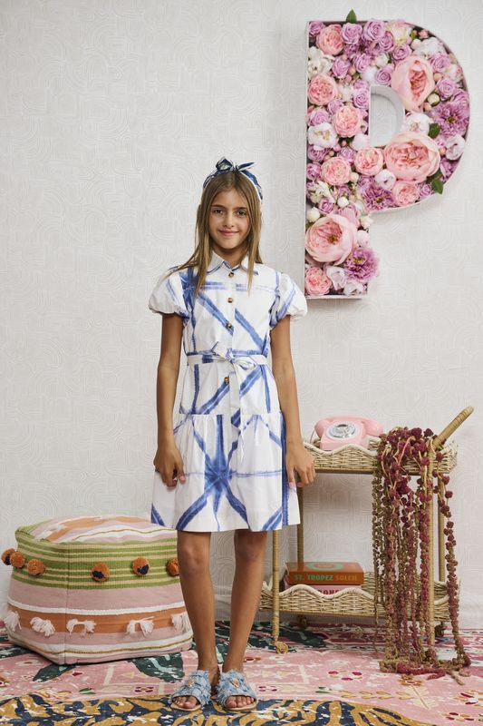 Porter WHITE BLUE TIEDYE BELTED DRESS 2382