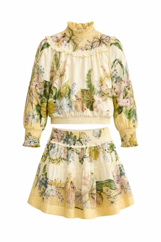 Porter IVORY W/ YELLOW FLORAL DESIGN TOP &amp; SKIRT SET  2423