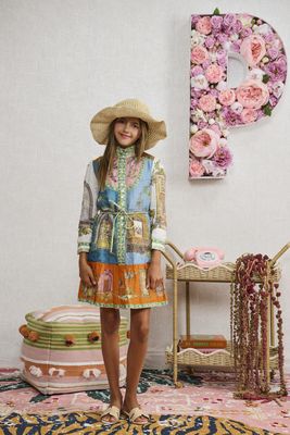 Porter LIGHT BLUE ORANGE PRINTED BUTTON DOWN DRESS 2358