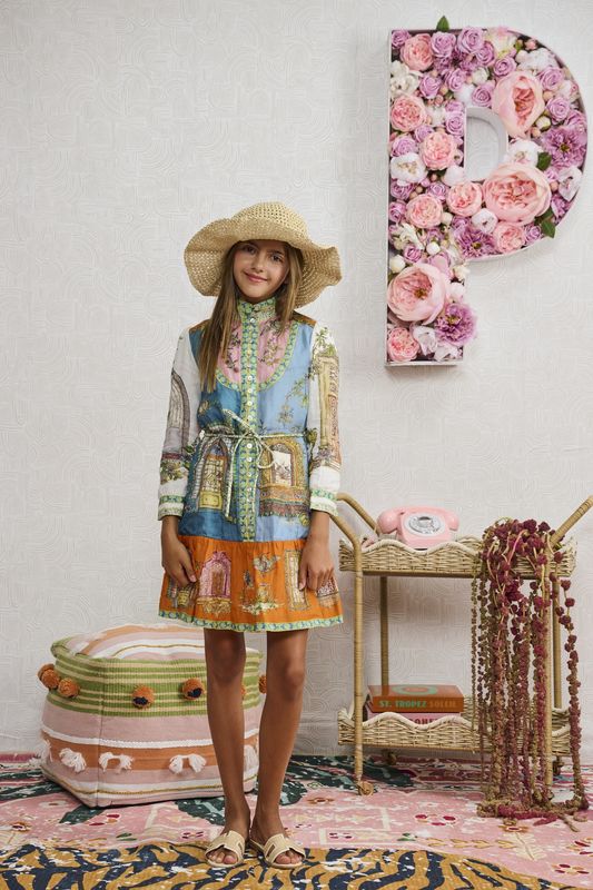 Porter LIGHT BLUE ORANGE PRINTED BUTTON DOWN DRESS 2358