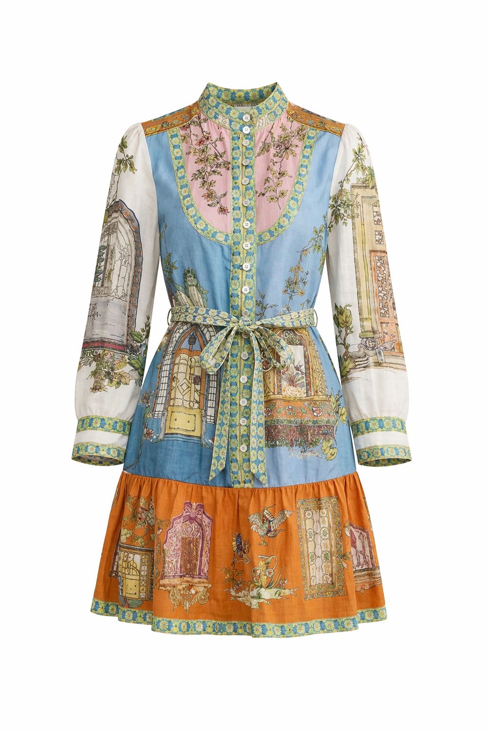 Porter LIGHT BLUE ORANGE PRINTED BUTTON DOWN DRESS 2358