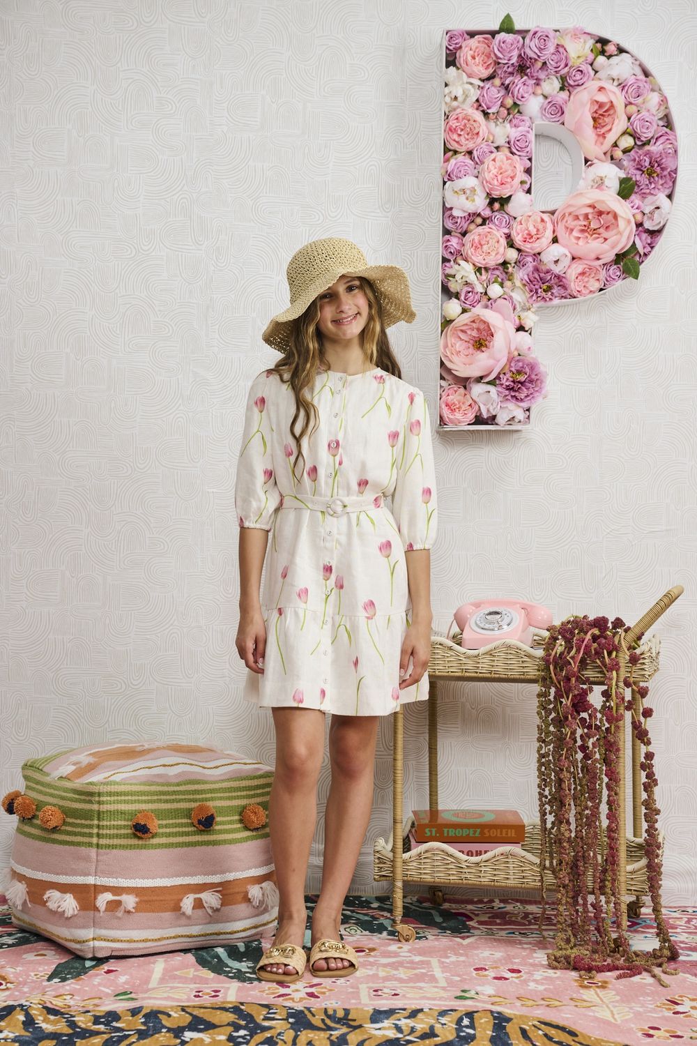 Porter WHITE LINEN W/ PINK TULIP DESIGN DRESS 2314