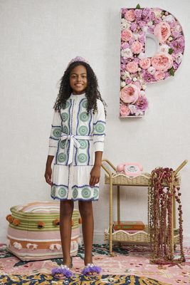 Porter WHITE W/ KELLY GREEN BLUE CIRCLE EMBROIDERY DRESS 2379