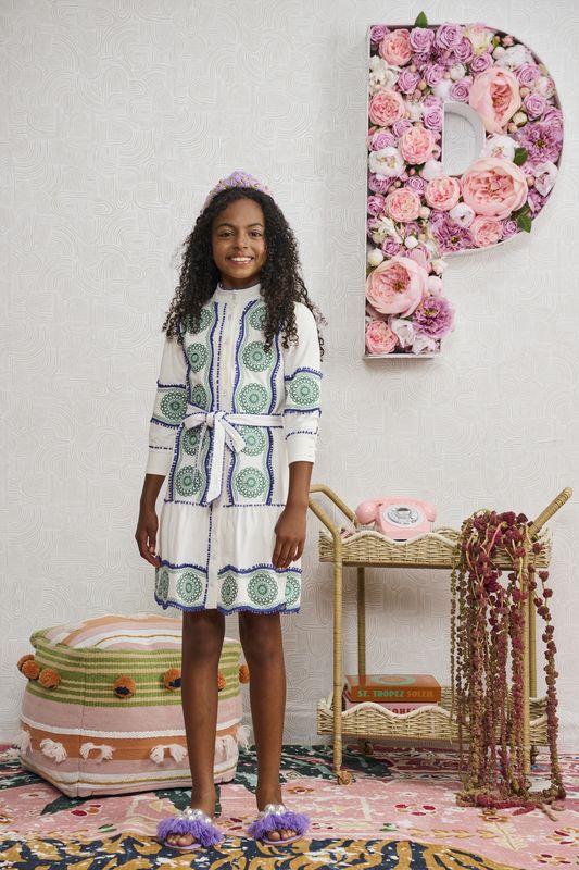 Porter WHITE W/ KELLY GREEN BLUE CIRCLE EMBROIDERY DRESS 2379