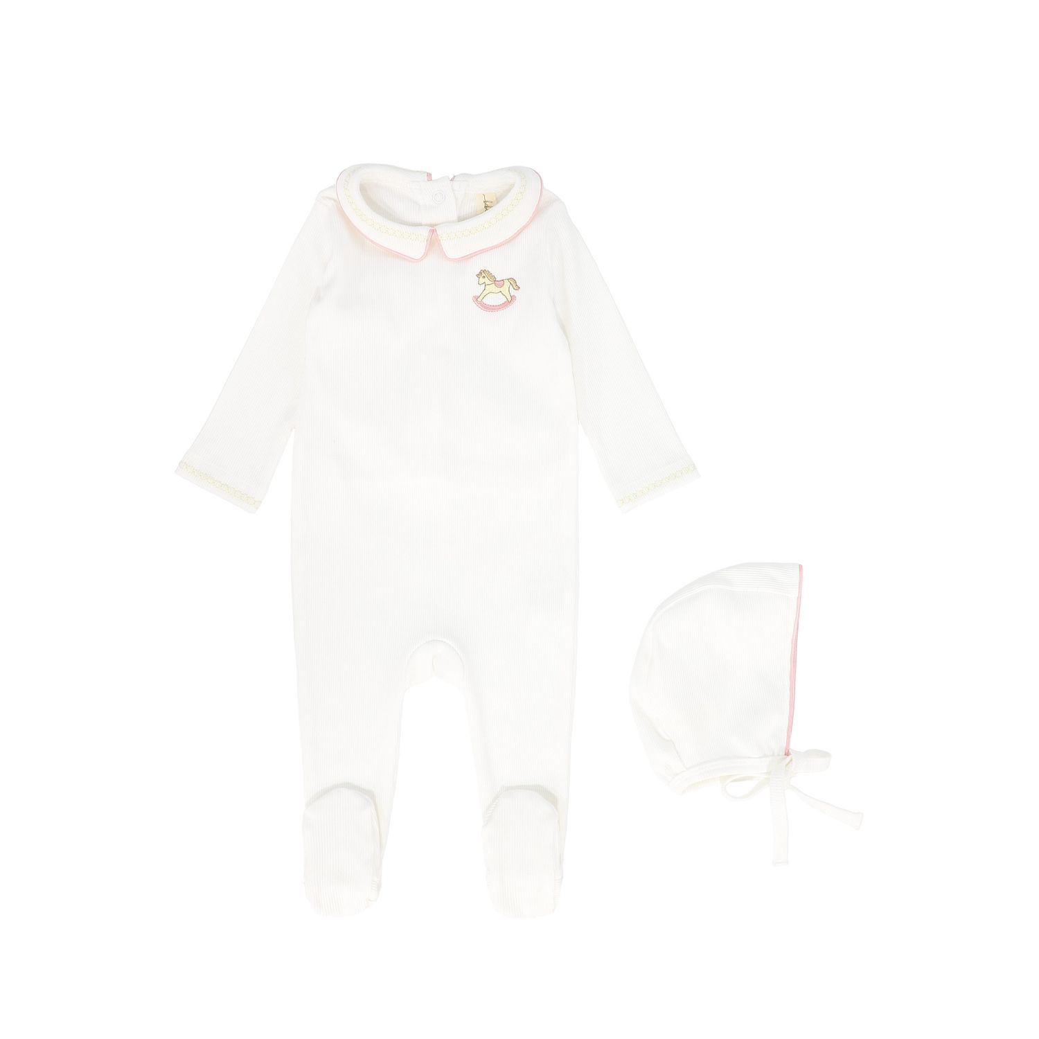 BEBE JOLEE WHITE/BLUE ROCKING HORSE EMBROIDERED FOOTIE