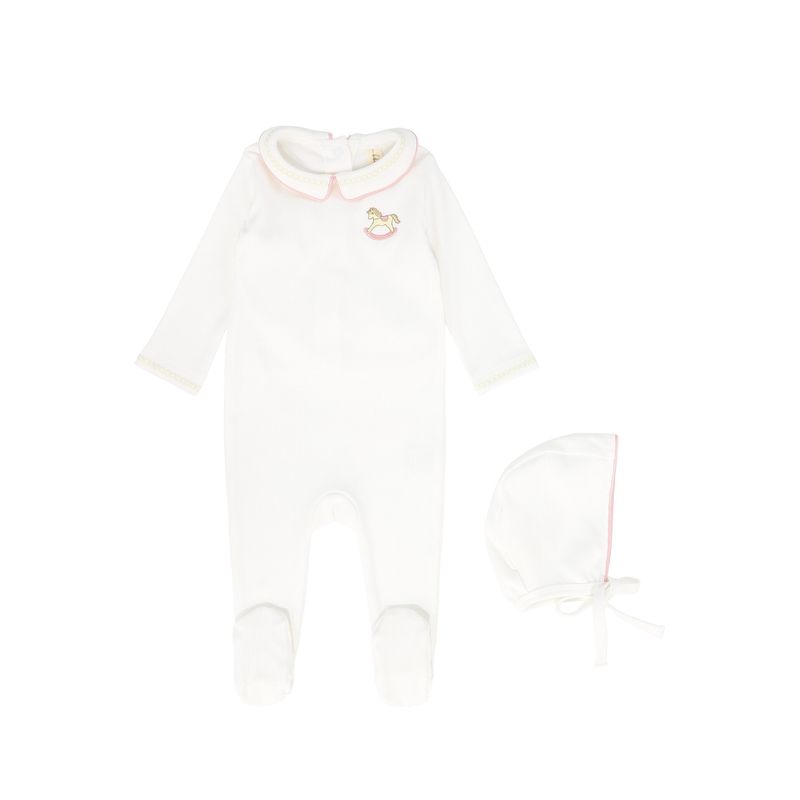 BEBE JOLEE WHITE/BLUE ROCKING HORSE EMBROIDERED FOOTIE
