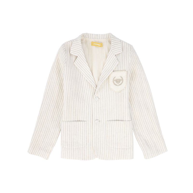 LE BOURDON TAN LINEN EMBLEM POCKET BLAZER