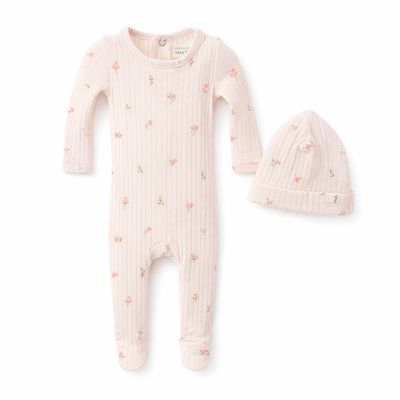 Mema Knits MSS26-01-2PCRIB FLORAL PRINT FOOTIE + BEANIE
