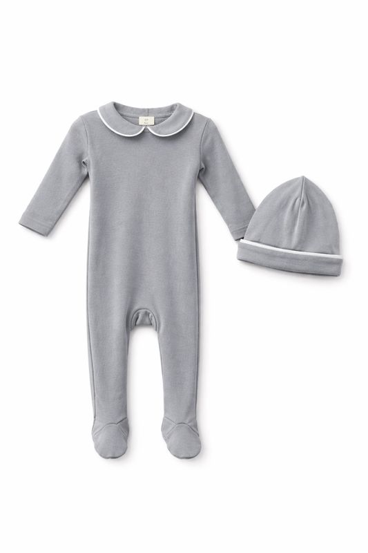 Mema Knits MSS26-39-2pcTRIMMED COLLAR FOOTIE + BEANIE