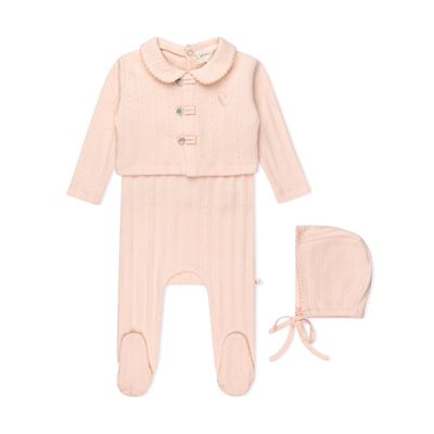 L'amour Lou Variegated ribbed Romper &amp; Cardigan Set-bonnet included LLS3-M