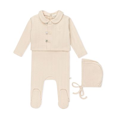 L'amour Lou Variegated ribbed Romper &amp; Cardigan Set-bonnet included LLS3-S