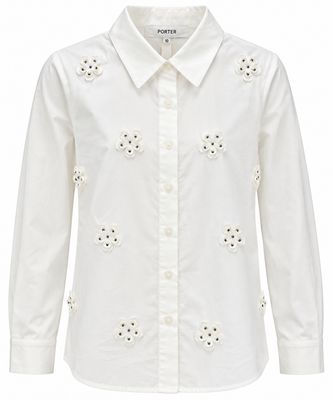 Porter White Button Down Flower Appliques Design Top 2558 AW26