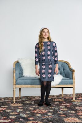 Porter Stone Blue W/ Pink Flower Design Knit Top w/skirt 2553 AW26