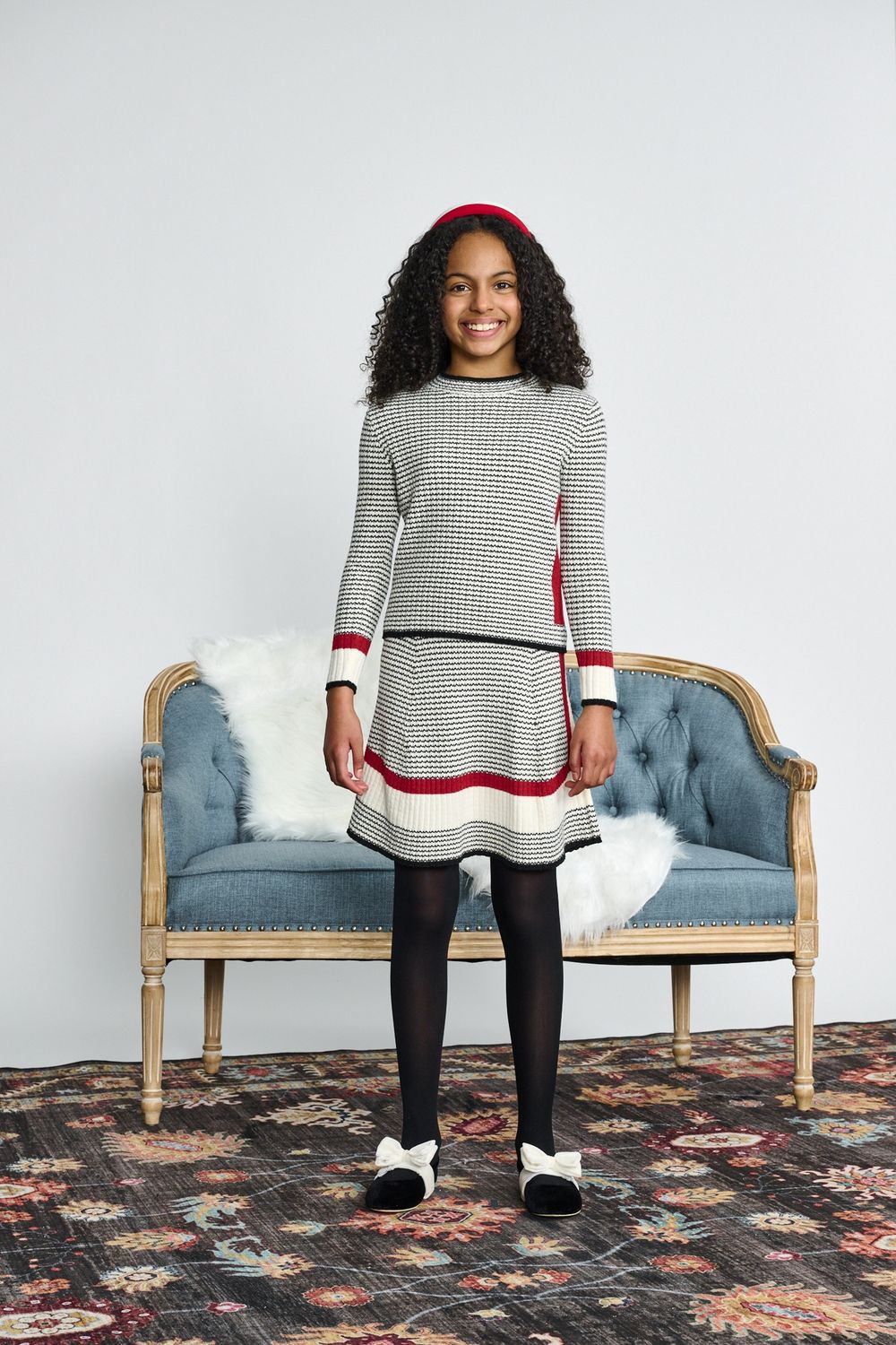 Porter Ivory Zig Zag W/ Garnet Side Color Block Knit Top 2479 w/skirt AW26
