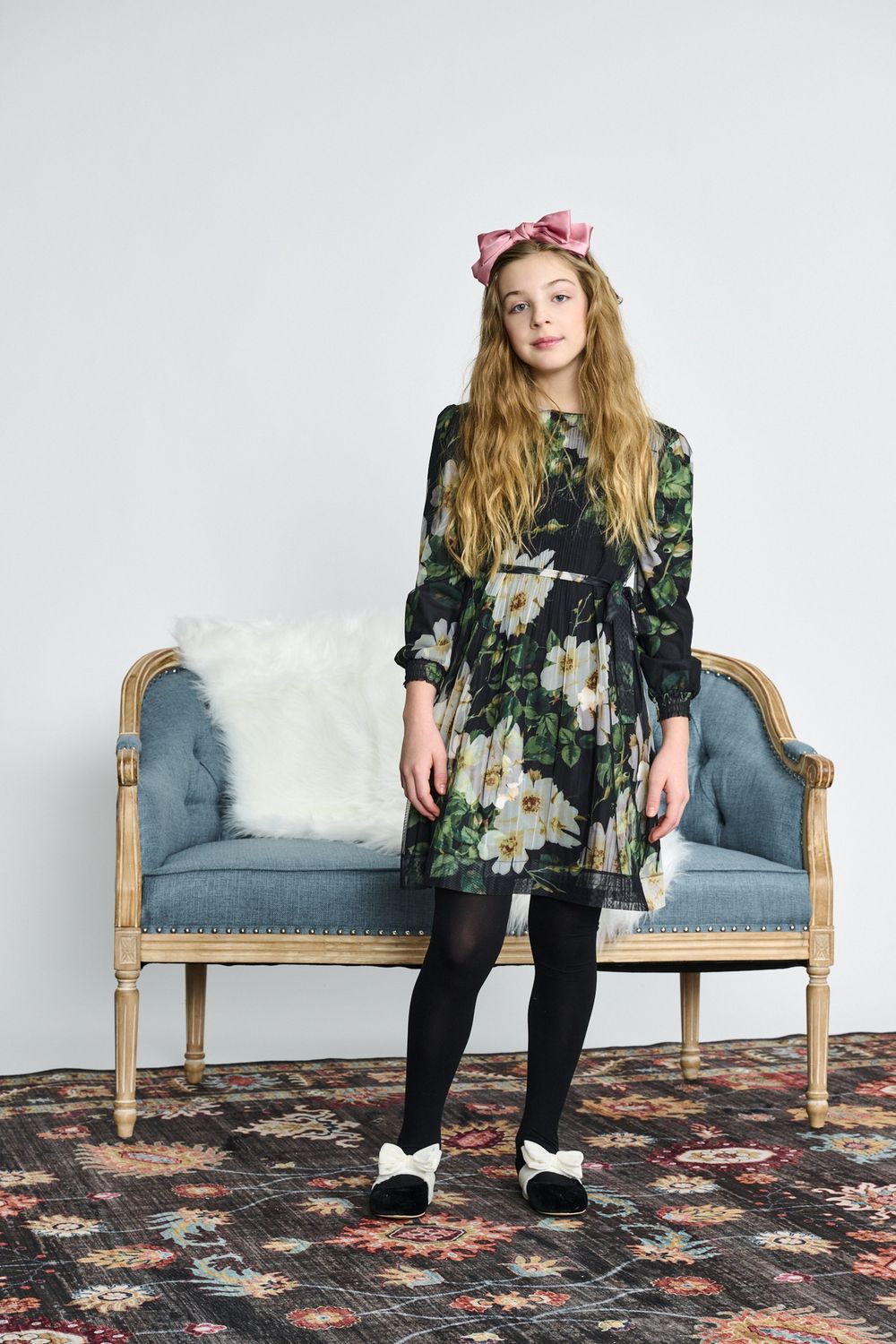 Porter Whte Green Flower Mesh Pleated Dress 2613-b AW26