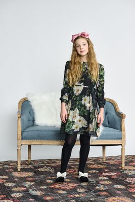 Porter Whte Green Flower Mesh Pleated Dress 2613-b AW26