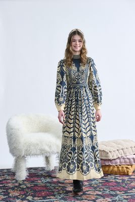 Laurent Steel Blue W/ Cream Floral Large Print Dress t-1405 AW26