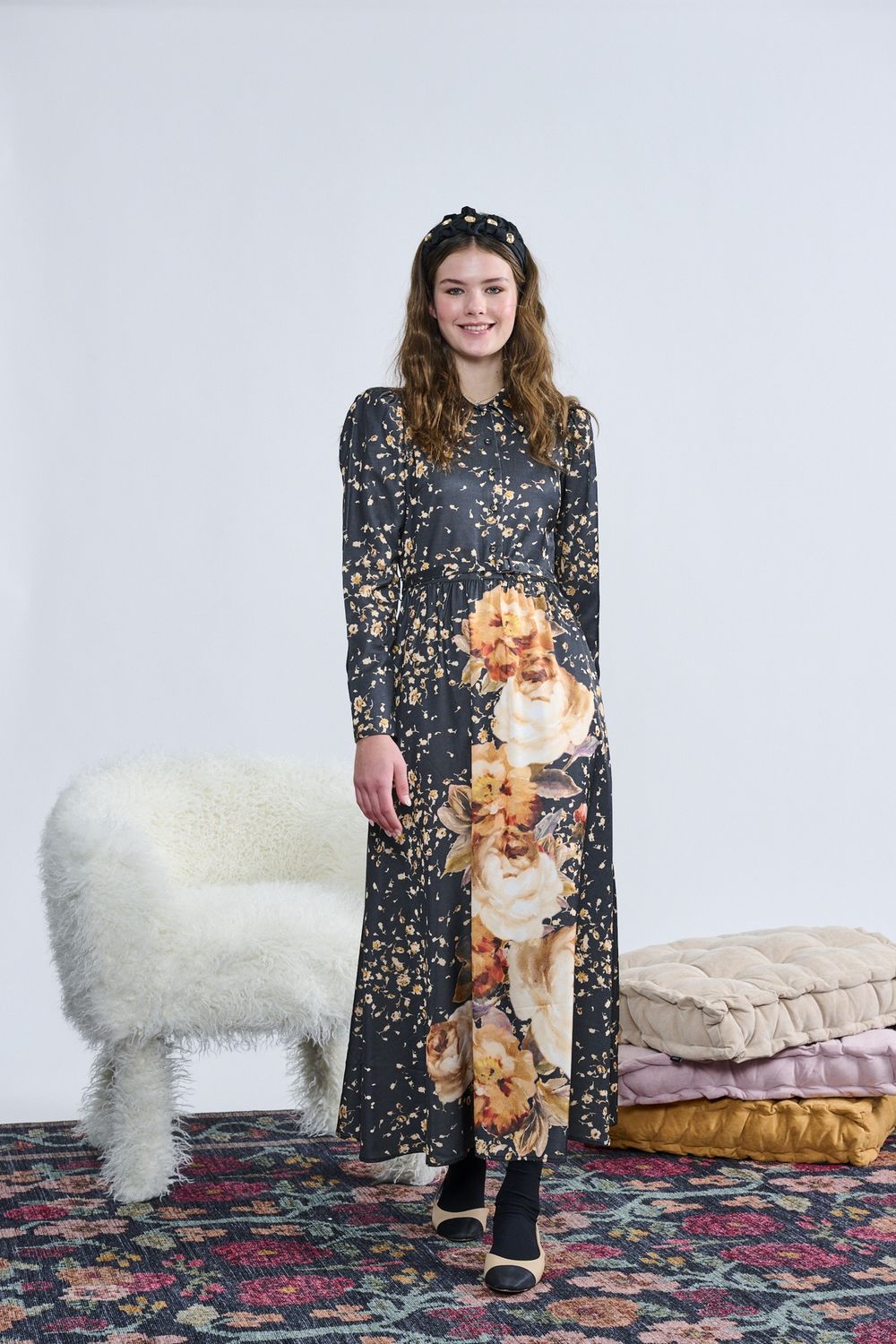 Laurent Black W/ Large And Small Yellow Floral Design Dress t-1433 AW26