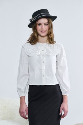 Laurent White Button Down Embroidered Peter Pan Collar Top t-1336 AW26