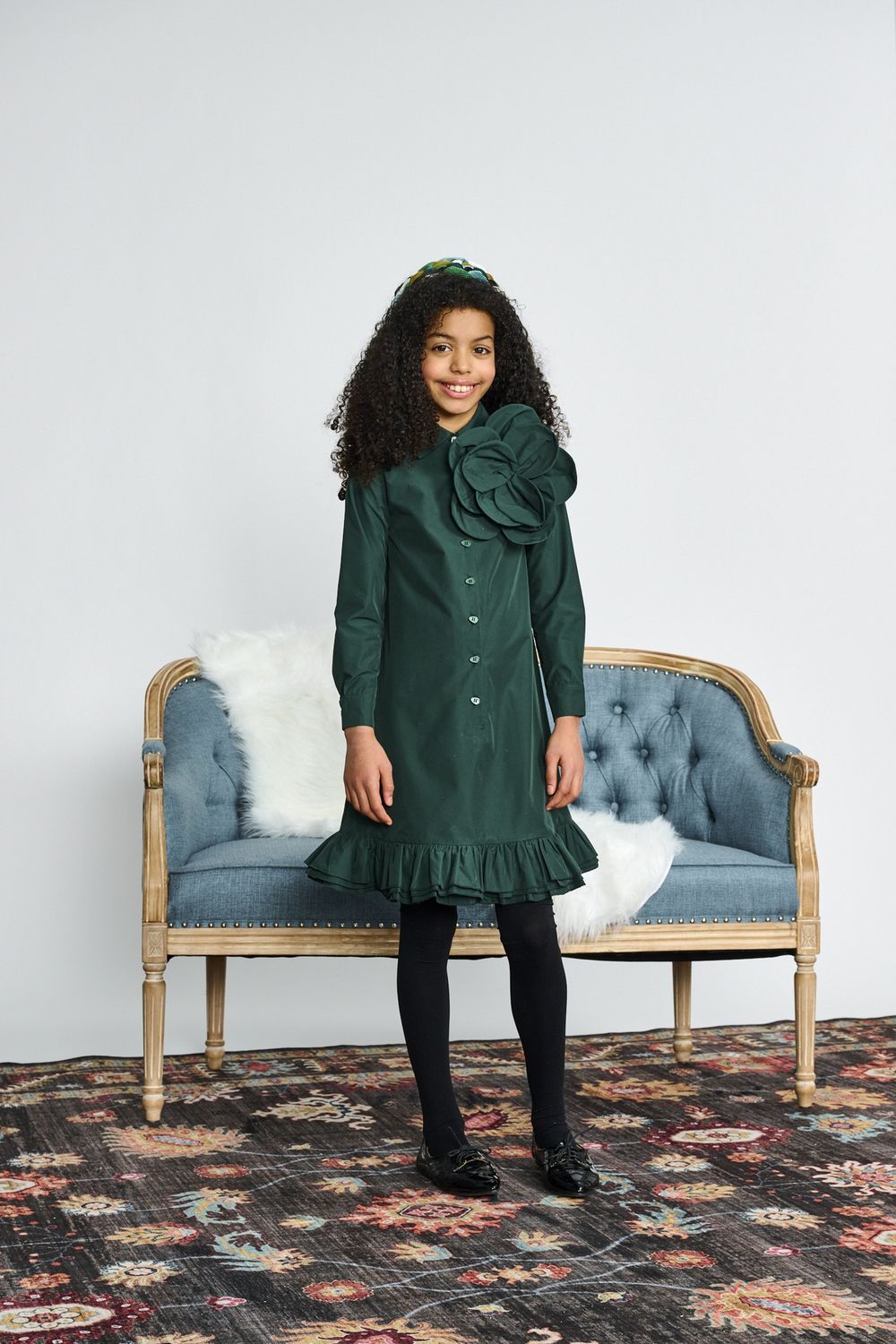 Porter Forest Green W/ Large Flower Button Down Dress 2617 AW26