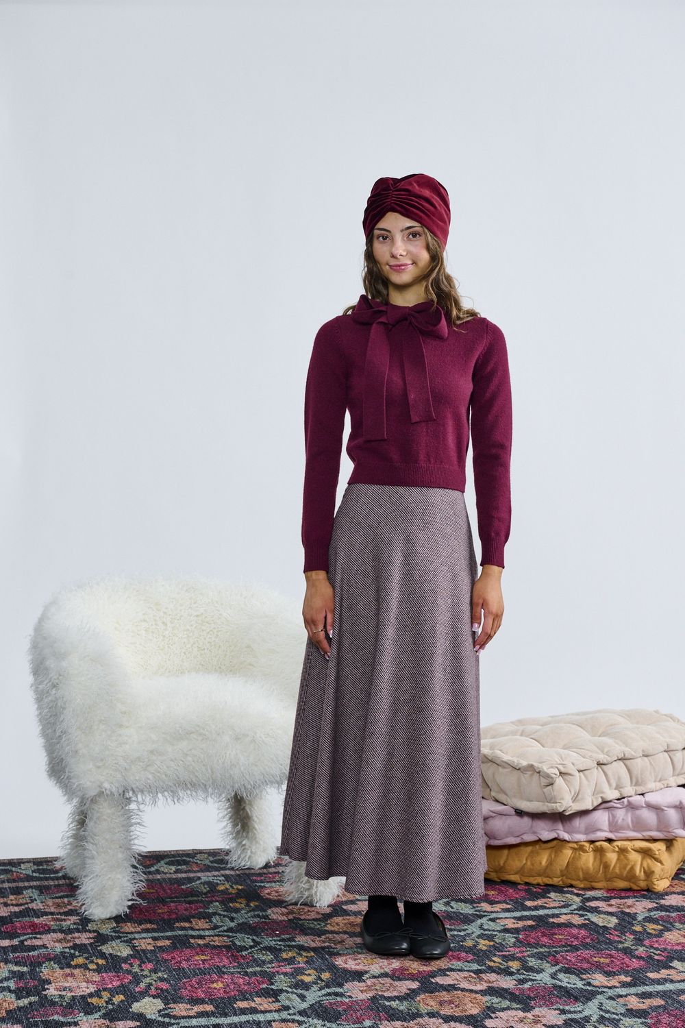 Laurent Wine Knit W/ Tie Bow Collar Top t-1361 w/skirt AW26