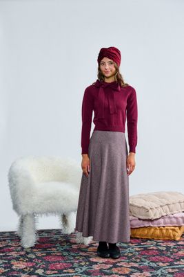 Laurent Wine Knit W/ Tie Bow Collar Top t-1361  w/skirt  AW26