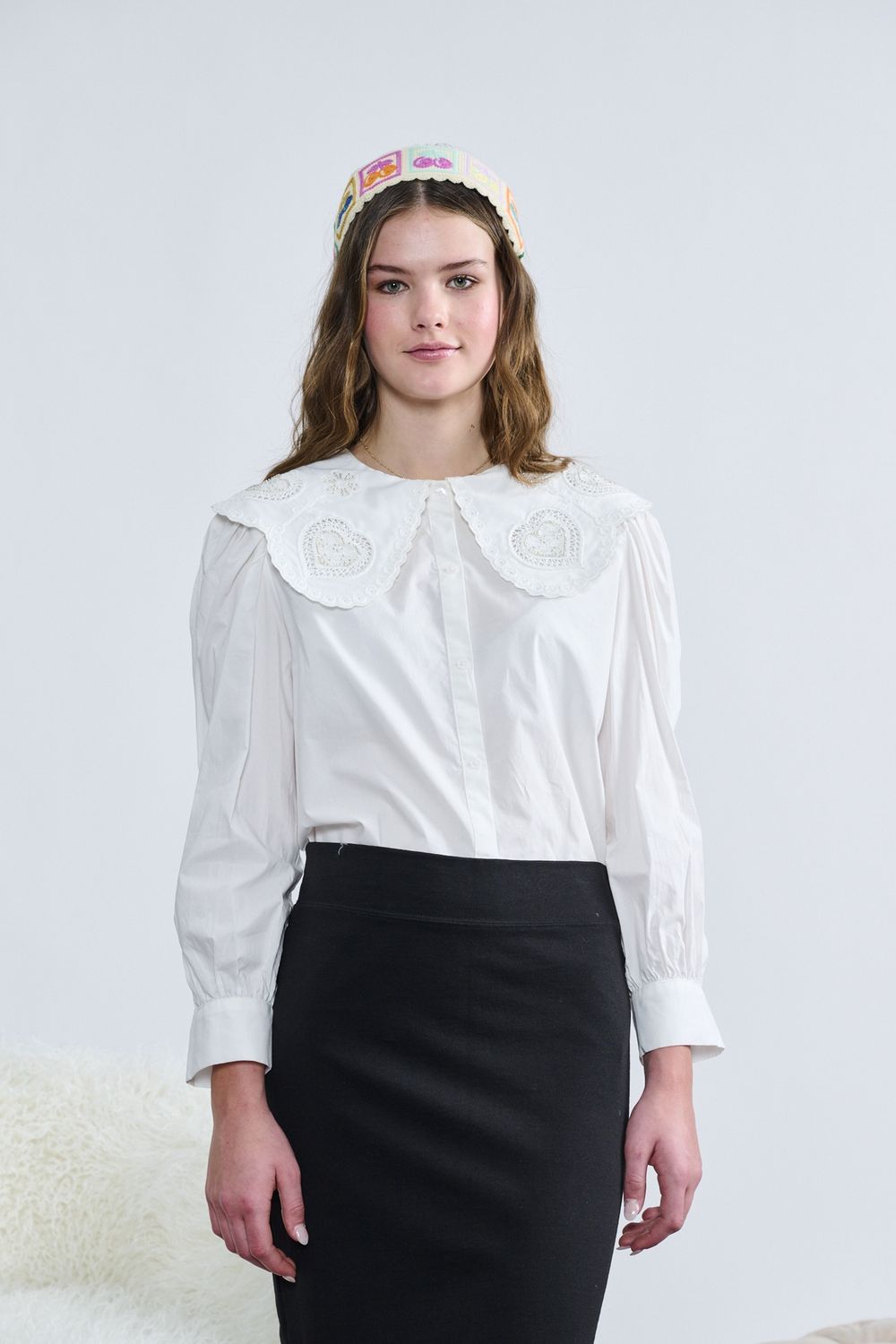 Laurent White Button Down W/ Lace Beaded Detail Top t-1409 AW26