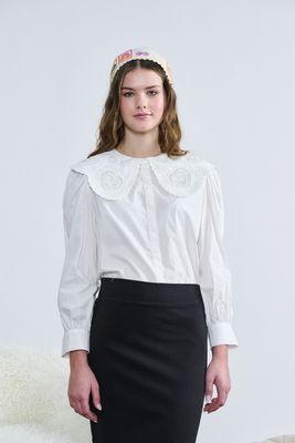 Laurent White Button Down W/ Lace Beaded Detail Top t-1409 AW26