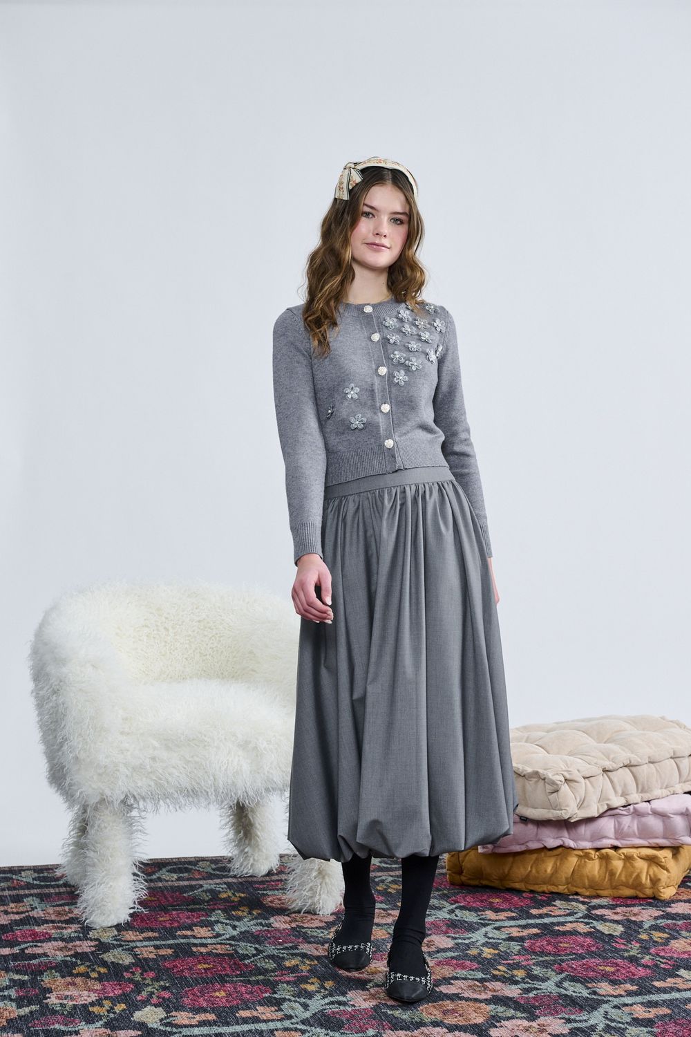 Laurent Gray Cardigan W/ Flower Appliques Top w/skirt t-1371 AW26