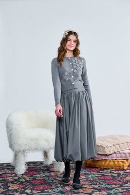 Laurent Gray Cardigan W/ Flower Appliques Top  w/skirt t-1371 AW26