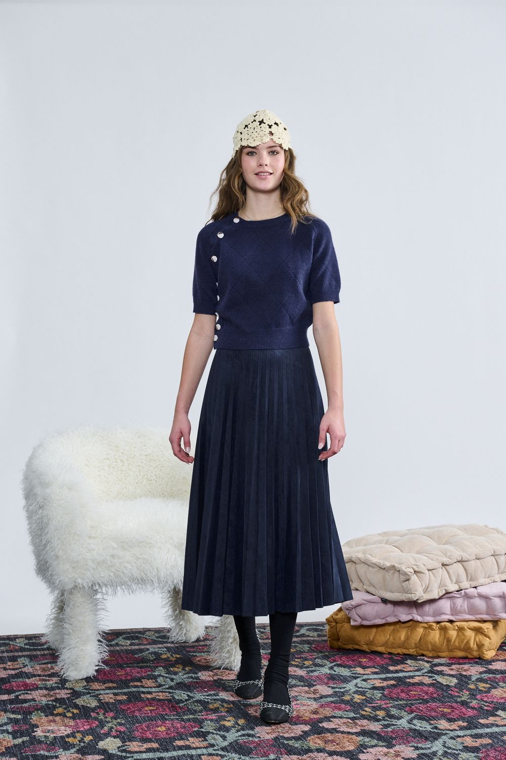Laurent Navy Knt W/ Button Details Top w/skirt t-1362 AW26
