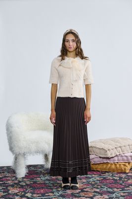 Laurent Ivory Fuzzy Knit W/ Orgnza Tie Bow Collar Top w/skirt t-1377 AW26