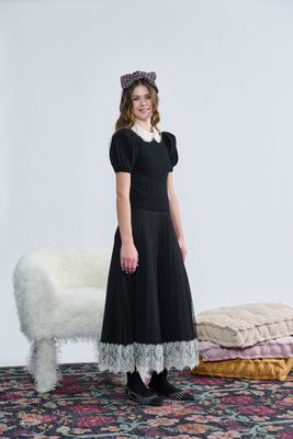 Laurent Black Cable Knit W/ Pearl Beaded Collar Top w/skirt t-1414 AW26