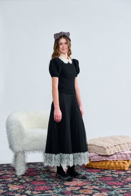 Laurent Black Cable Knit W/ Pearl Beaded Collar Top  w/skirt  t-1414 AW26