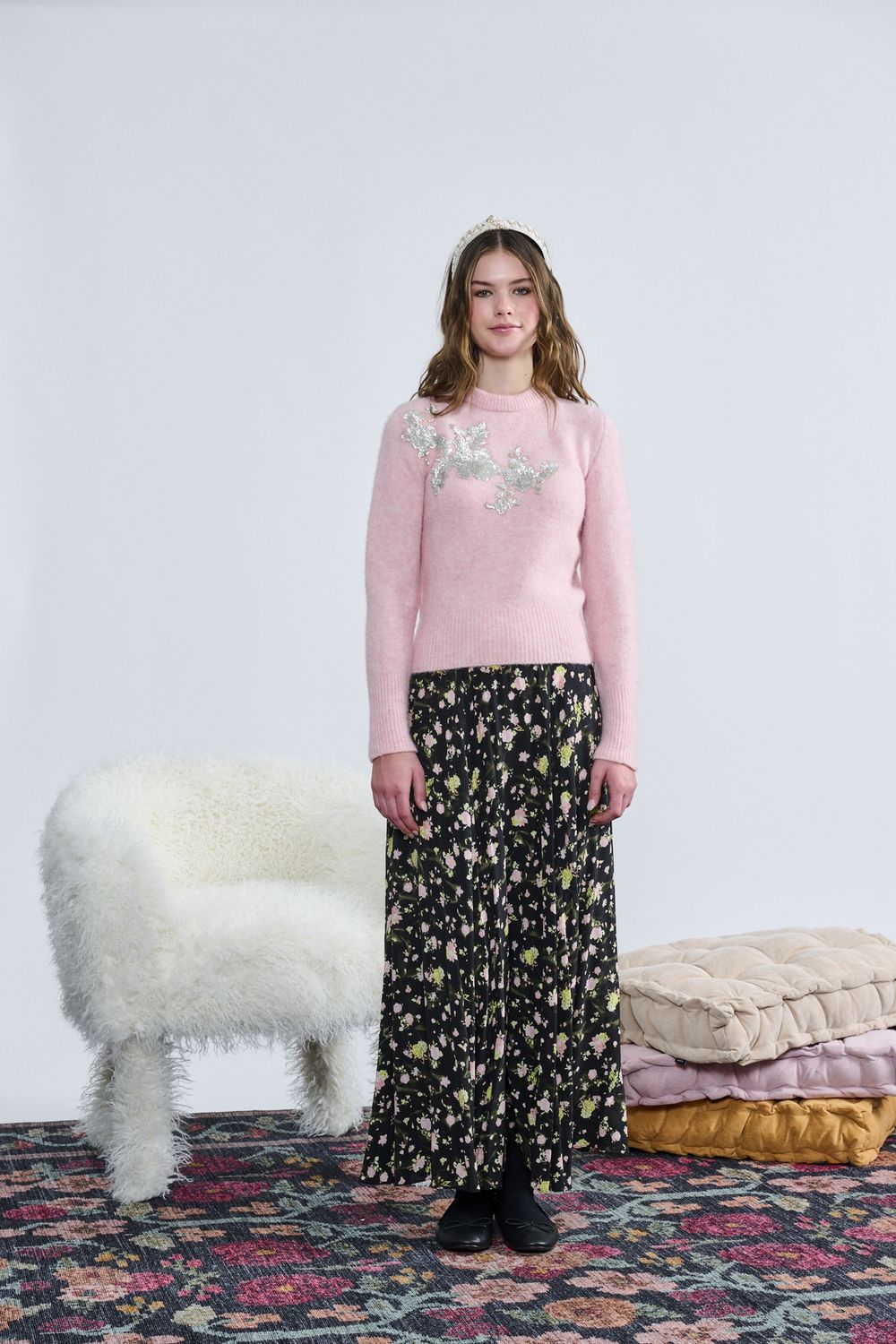 Laurent Baby Pink Knit W/ Silver Sequin Detail Top w/skirt t-1432 AW26