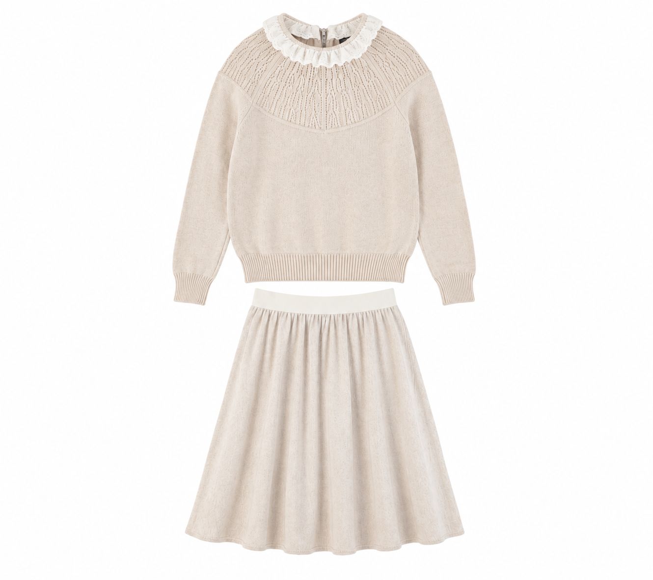 BACE OATMEAL POINTELLE LACE COLLAR SWEATER WITH SKIRT SET AW26 28331