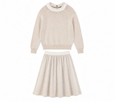 BACE OATMEAL POINTELLE LACE COLLAR SWEATER WITH SKIRT SET AW26 28331