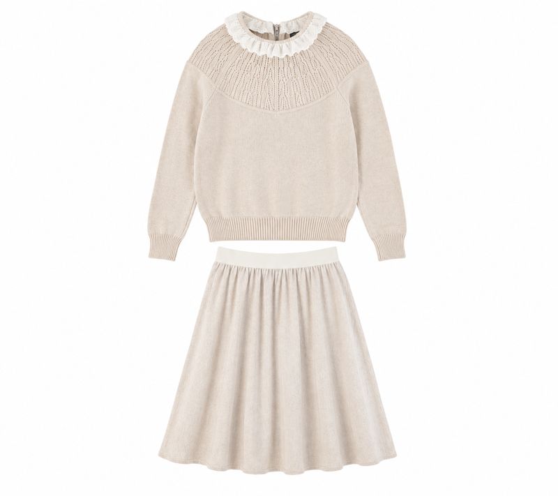 BACE OATMEAL POINTELLE LACE COLLAR SWEATER WITH SKIRT SET AW26 28331