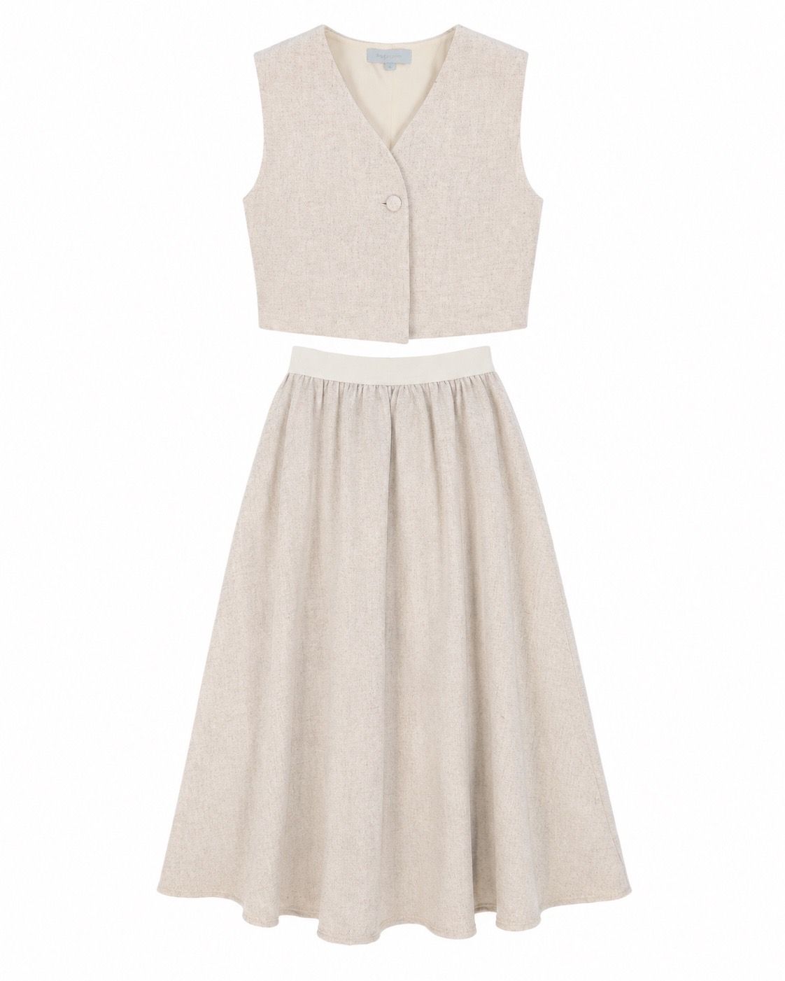 BACE OATMEAL WOOL ONE BUTTON VEST AND SKIRT SET AW26 28636